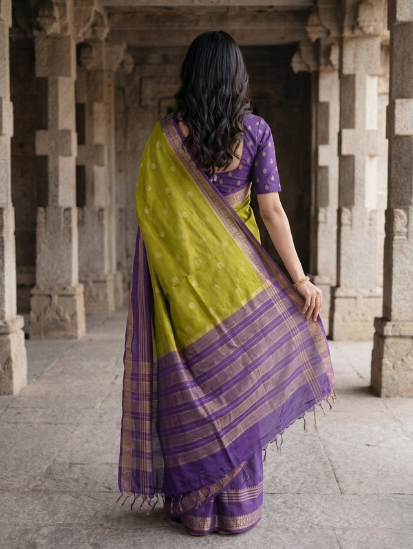 Semi Silk Olive Green Purple Mix Fabric Coin Motif Saree