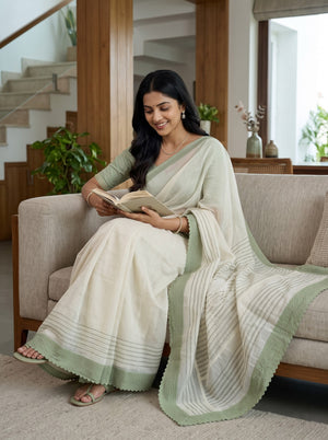Net Kota Off White Saree with Green Line Pattern and Floral Motif Detail with Green Border Pallu