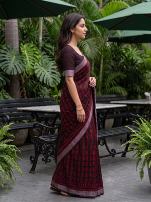 Linen Black Red Batik Floral Print Saree
