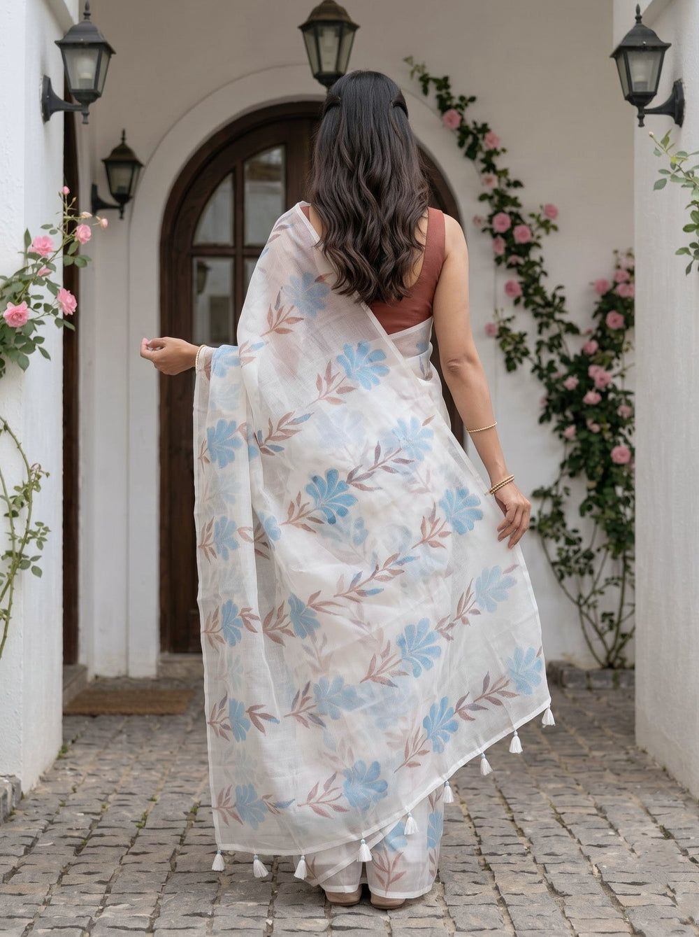 Organza Off-White Turquoise Watercolor Floral Print Saree with White Tassels