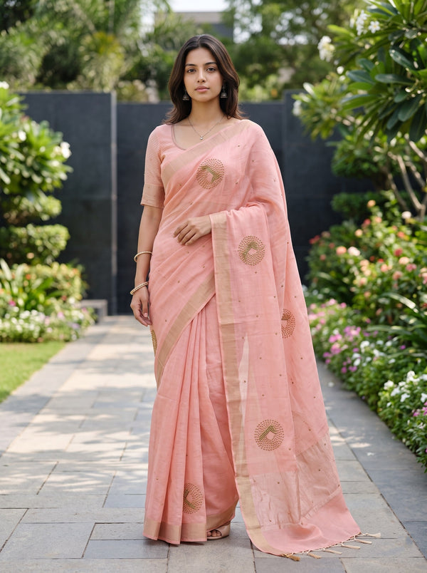 Linen Peach Saree with Golden Beaded Medallion Motifs and Tasseled Border