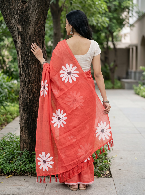 Cotton Red Saree with White Daisy Flower Print