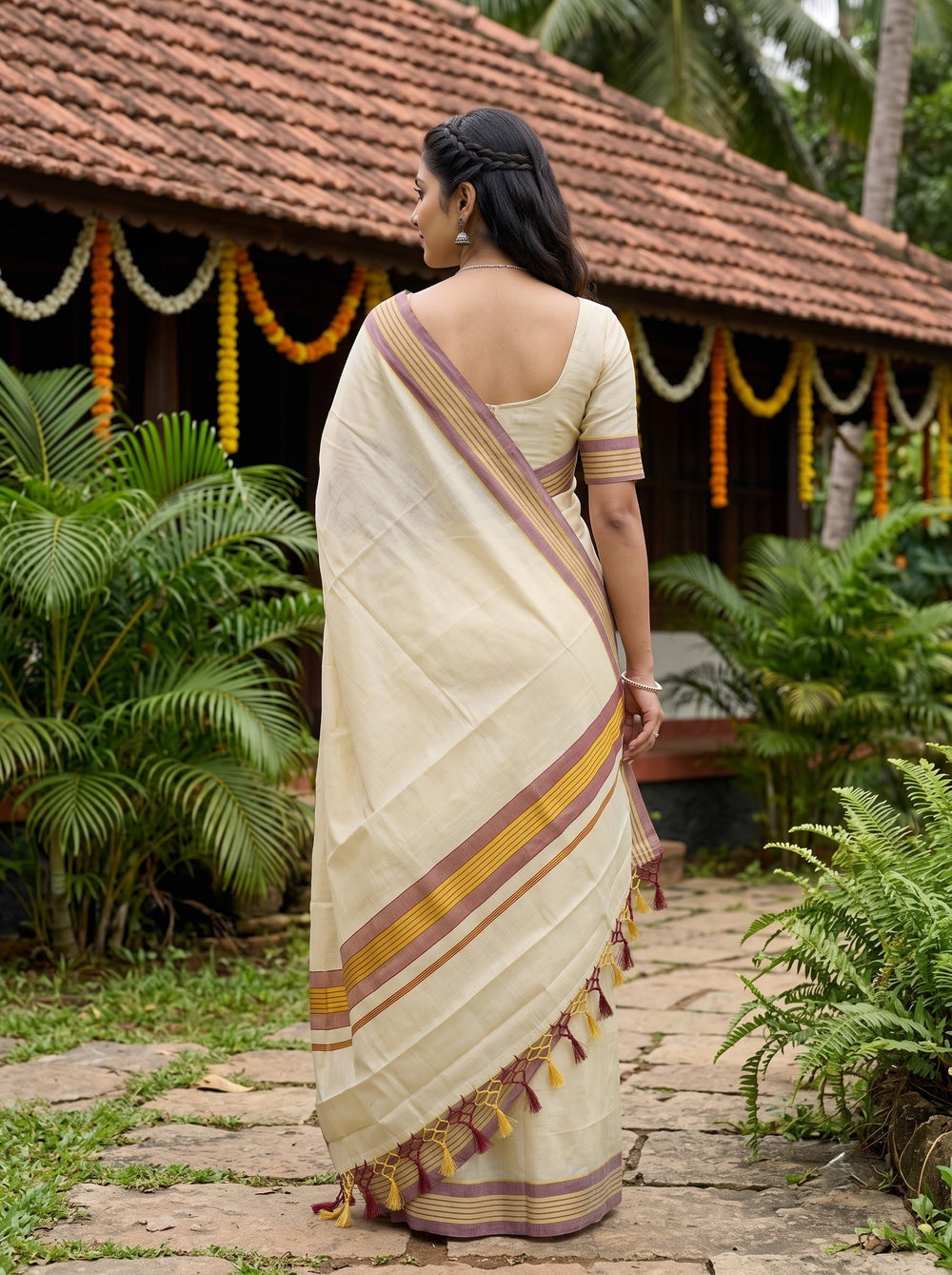 Tissue Cream Golden Striped Border Onam Special Kerala Saree with Tassels