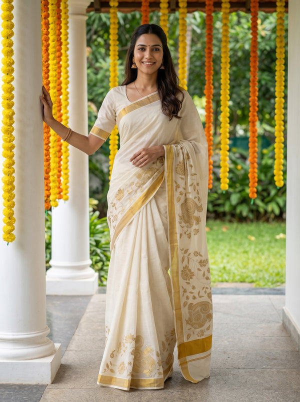 Cotton Cream Golden Peacock Floral Print Onam Special Kerala Saree with Golden Zari Border