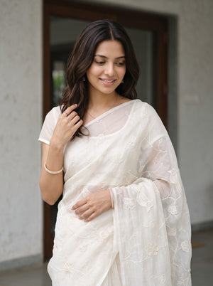 Organza Ivory Bird and Floral Embroidered Saree