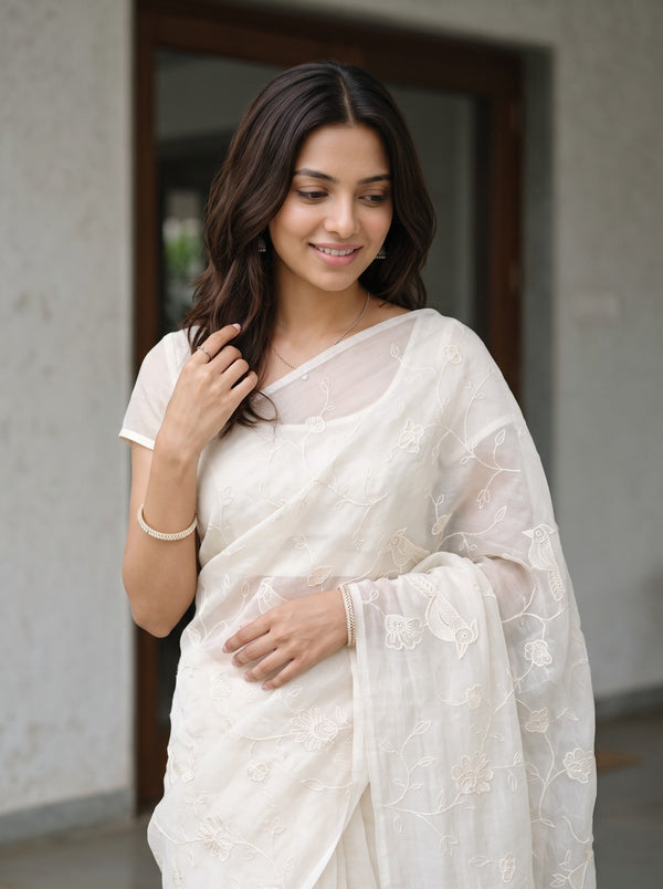 Organza Ivory Bird and Floral Embroidered Saree
