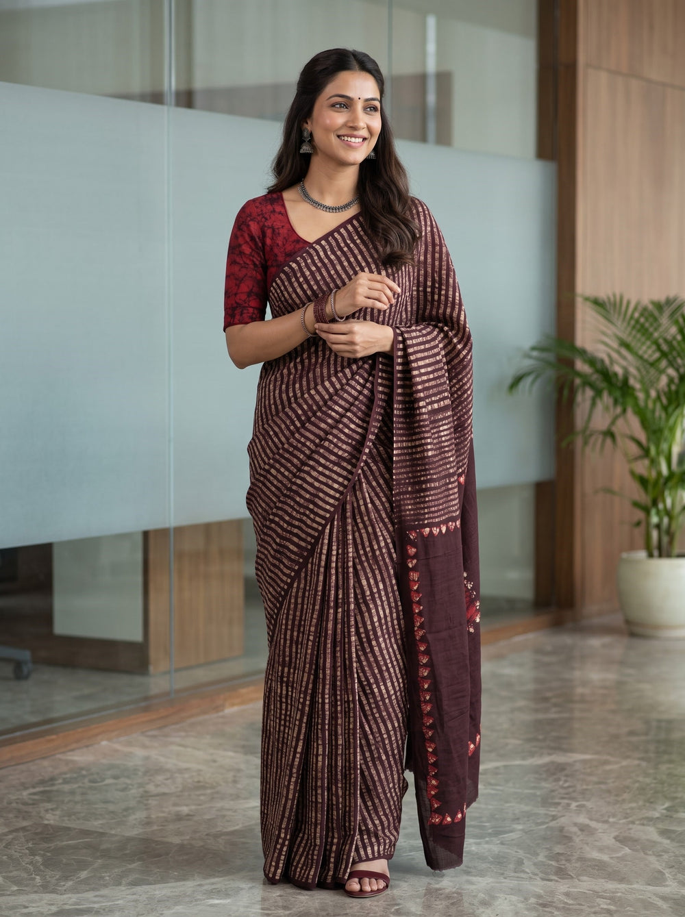 Modal Wine Red Batik Medallion Triangle Border Saree