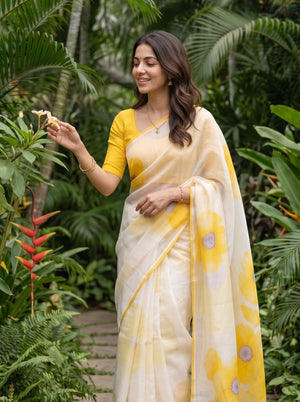 Cotton White Yellow Watercolor Floral Saree