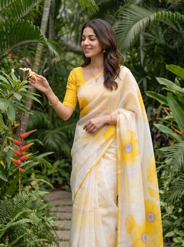 Cotton White Yellow Watercolor Floral Saree