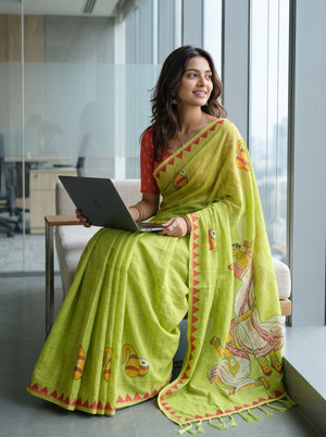 Cotton Lime Green Saree with Folk Dancer Print