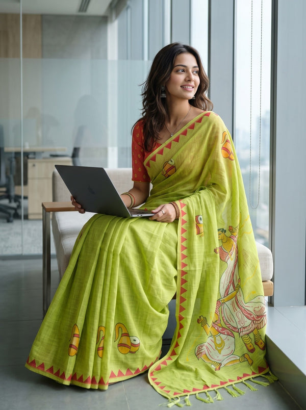 Cotton Lime Green Saree with Folk Dancer Print