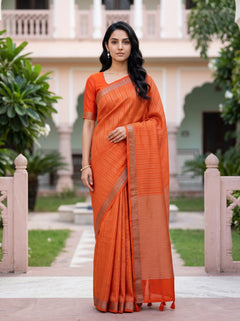 Semi Tussar Silk Orange Silver Zari Triangle Mesh Pallu Saree