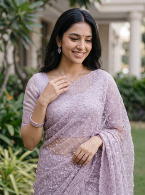 Net Kota Lilac Floral Lace Embroidery Saree