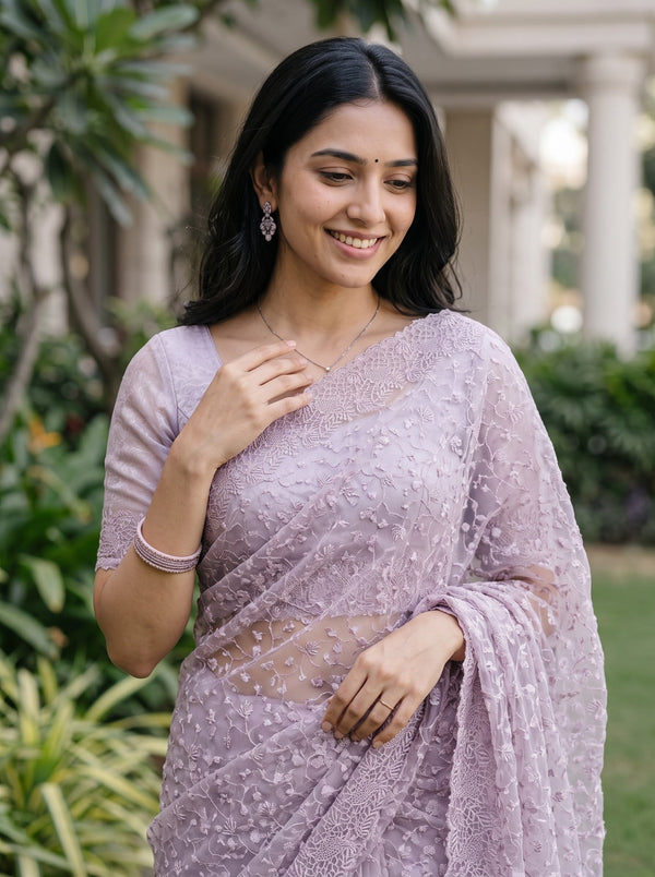 Net Kota Lilac Floral Lace Embroidery Saree