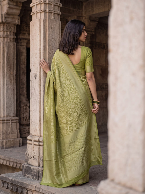 Banarasi Olive Green Self-Tone Floral Jacquard Saree