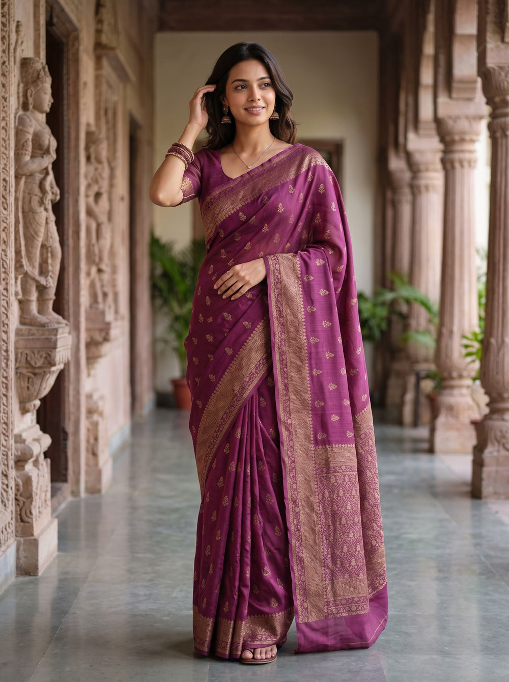 Banarasi Silk Plum Golden Zari Buti Motif Saree