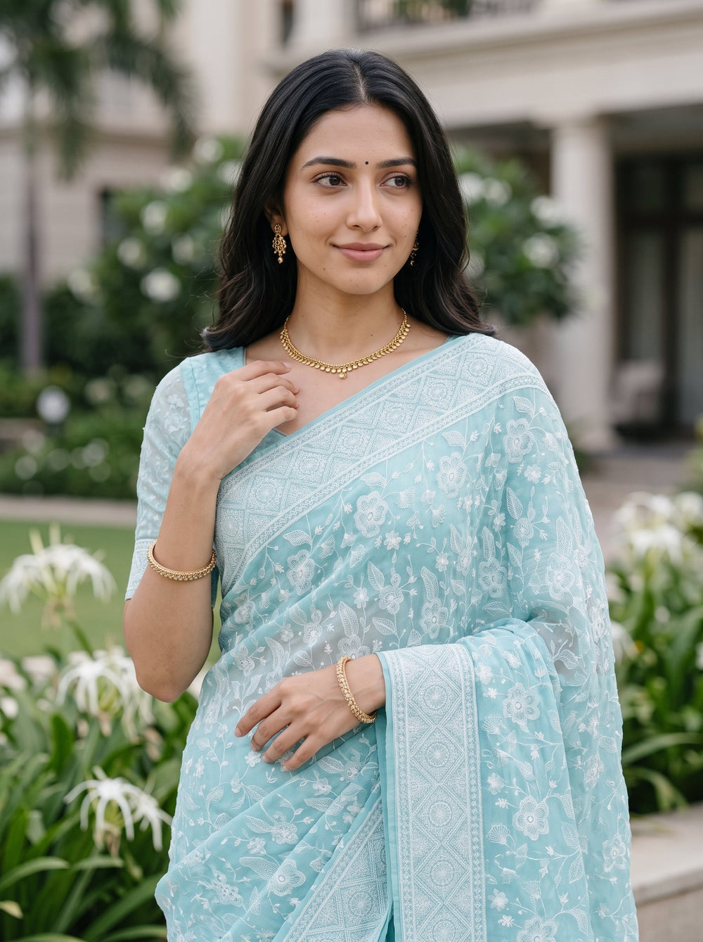 Organza Blue Seafoam Self-Tone Floral Lace Saree with Geometric Pallu Border