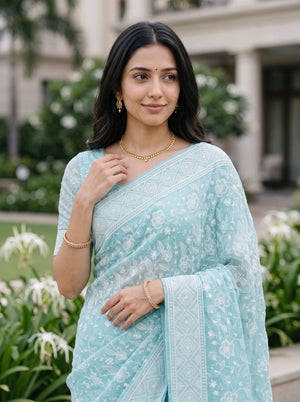 Organza Blue Seafoam Self-Tone Floral Lace Saree with Geometric Pallu Border