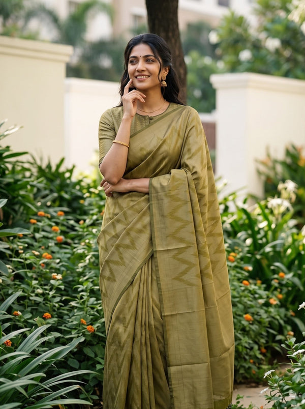 Matka Silk Olive Golden Zigzag Weave Saree with Tassels