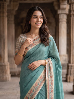Semi Tussar Teal Green Lotus Fish Print border Saree