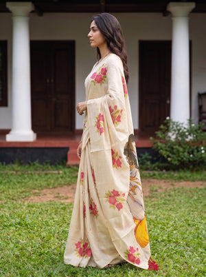 Tissue Cream Floral Print Onam Special Kerala Saree with Krishna Butter Pot Pallu