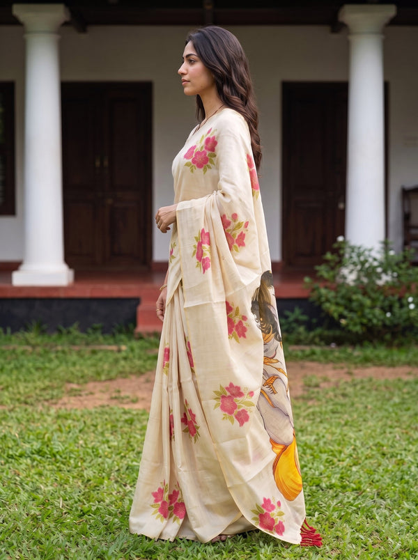 Tissue Cream Floral Print Onam Special Kerala Saree with Krishna Butter Pot Pallu