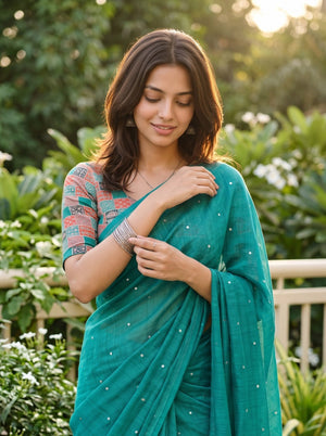 Chiffon Sea Green Scattered Sequin Dot Saree