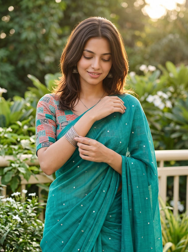 Chiffon Sea Green Scattered Sequin Dot Saree