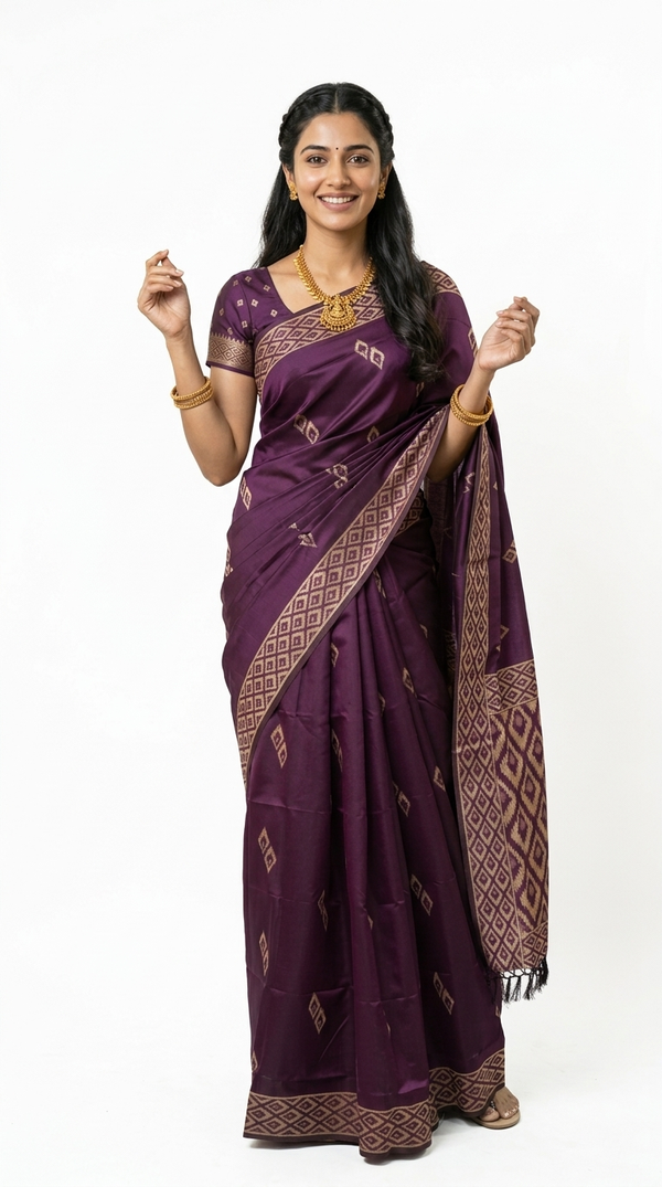 Art Silk Deep Purple Geometric Zari Border Saree