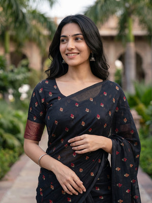 Cotton Black Saree with Multicolor Floral Butta Pattern
