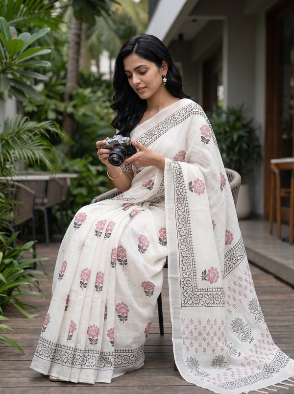 Linen White Block Print Saree with Black Border and Red Floral Motifs