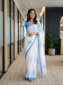 Cotton White Blue Rose Print Saree
