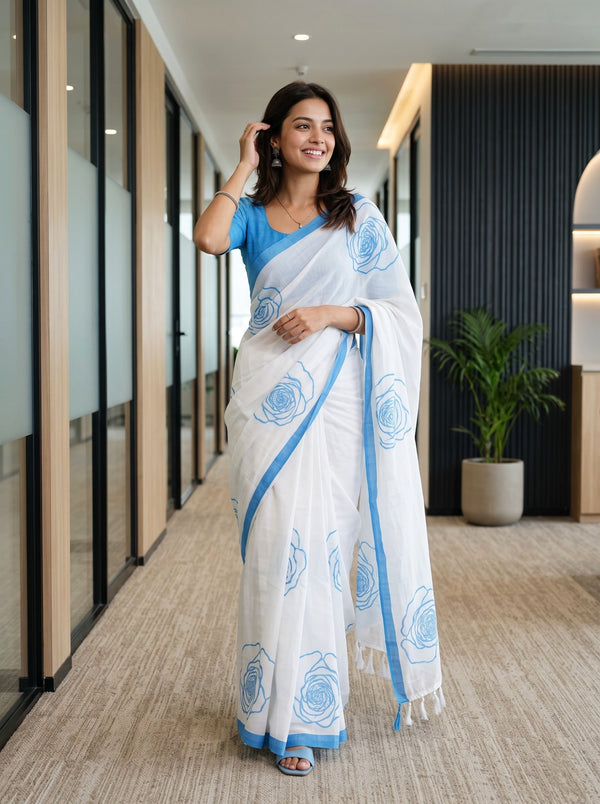 Cotton White Blue Rose Print Saree