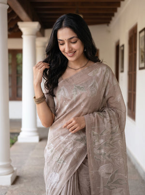 Mul Chanderi Beige Saree with Tulip Floral Print and Tassels