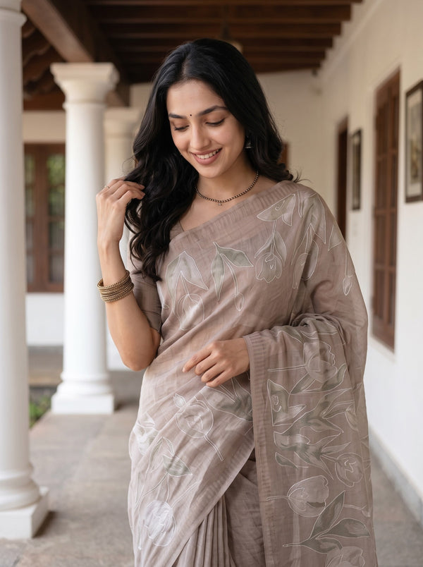 Mul Chanderi Beige Saree with Tulip Floral Print and Tassels