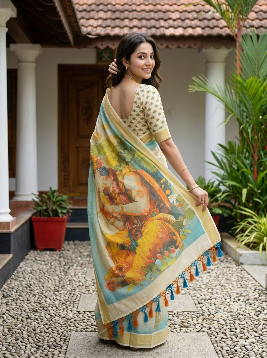 Tissue Cream Peacock Feather Flute Print Border Set Saree with Tassels