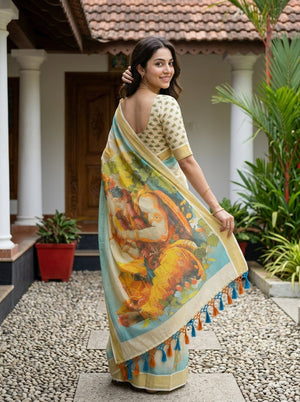 Tissue Cream Peacock Feather Flute Print Border Set Saree with Tassels