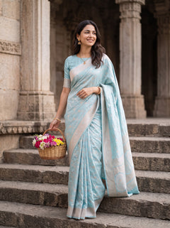 Banarasi Sky Blue Saree with Golden Zari Floral Vine Design and Brocade Pallu
