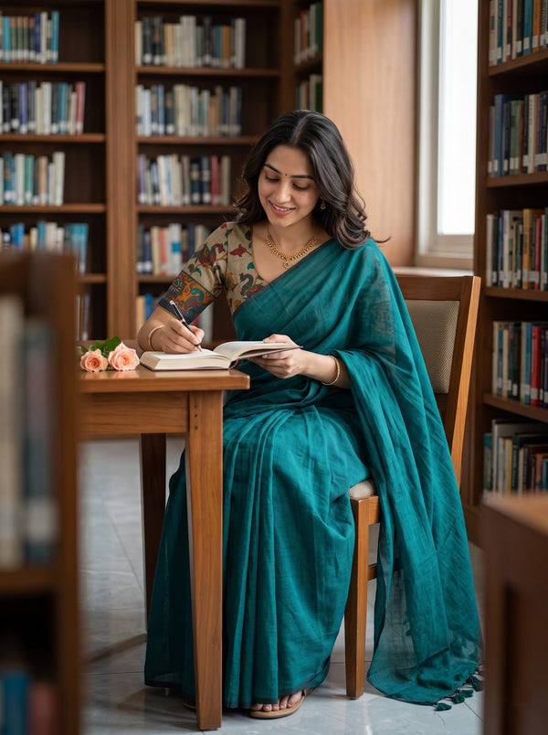 Cotton Teal Green Saree with Teal Tassels and Floral Print