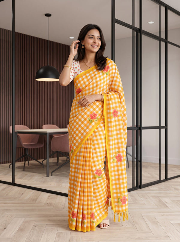 Cotton Saree in Yellow-Orange Gingham Check with Red Hibiscus Print