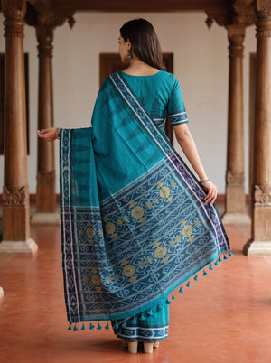 Cotton Teal Navy Ikat Rosette Medallion Border Tasseled Saree
