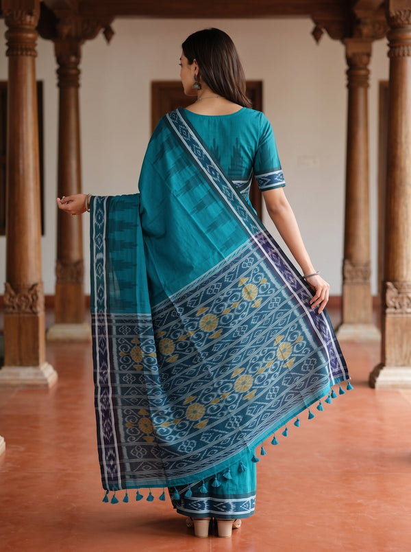 Cotton Teal Navy Ikat Rosette Medallion Border Tasseled Saree