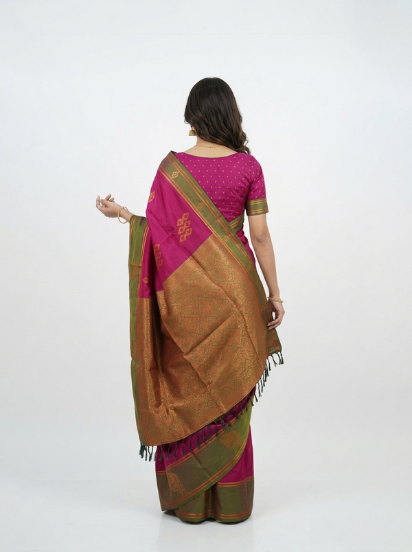 Semi Silk Deep Pink Butti Design Saree