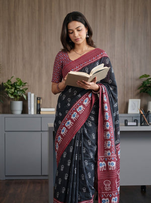 Cotton Black Saree with Ikat Elephant Print Maroon Pallu