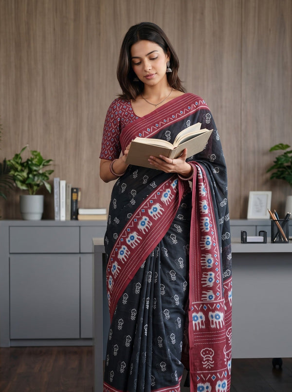 Cotton Black Saree with Ikat Elephant Print Maroon Pallu