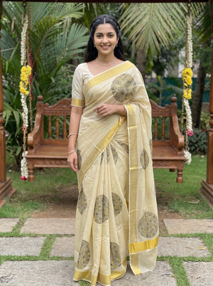 Tissue Cream Gold Circular Ginkgo Leaf Print Onam Special Kerala Saree