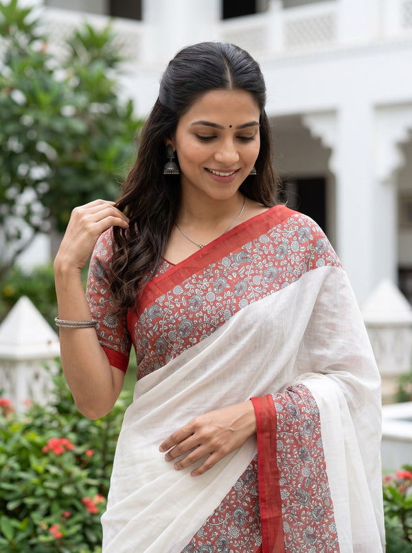 Cotton White Saree with Red Kalamkari Floral Border