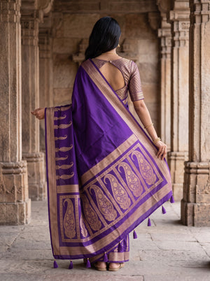 Banarasi Violet Zari Paisley Border Tasseled Saree