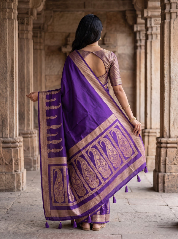 Banarasi Violet Zari Paisley Border Tasseled Saree