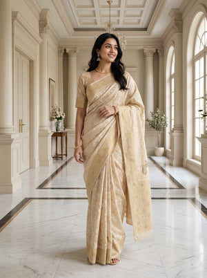 Tissue Banarasi Gold Beaded Bird Motif Pallu Saree